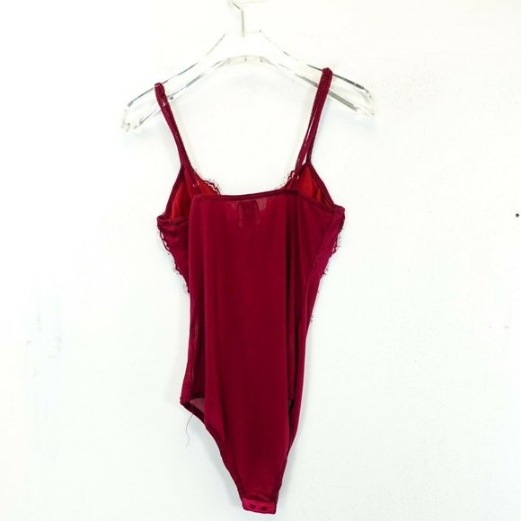 POLLY Women's Red Wine One Piece Bodysuit 4 SMALL Floral Strap Bustier Sheer - Picture 10 of 12